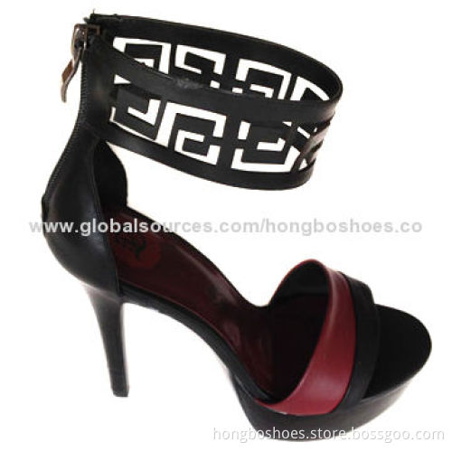 Sandals with high heel, dress platform and ankle straps, leather insole & rubber outsole